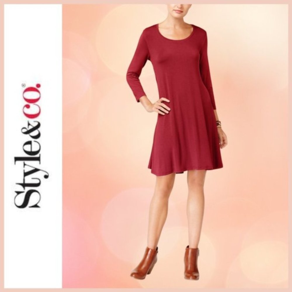 Style & Co Casual Red Swing Dress 3/4 Sleeves NWT